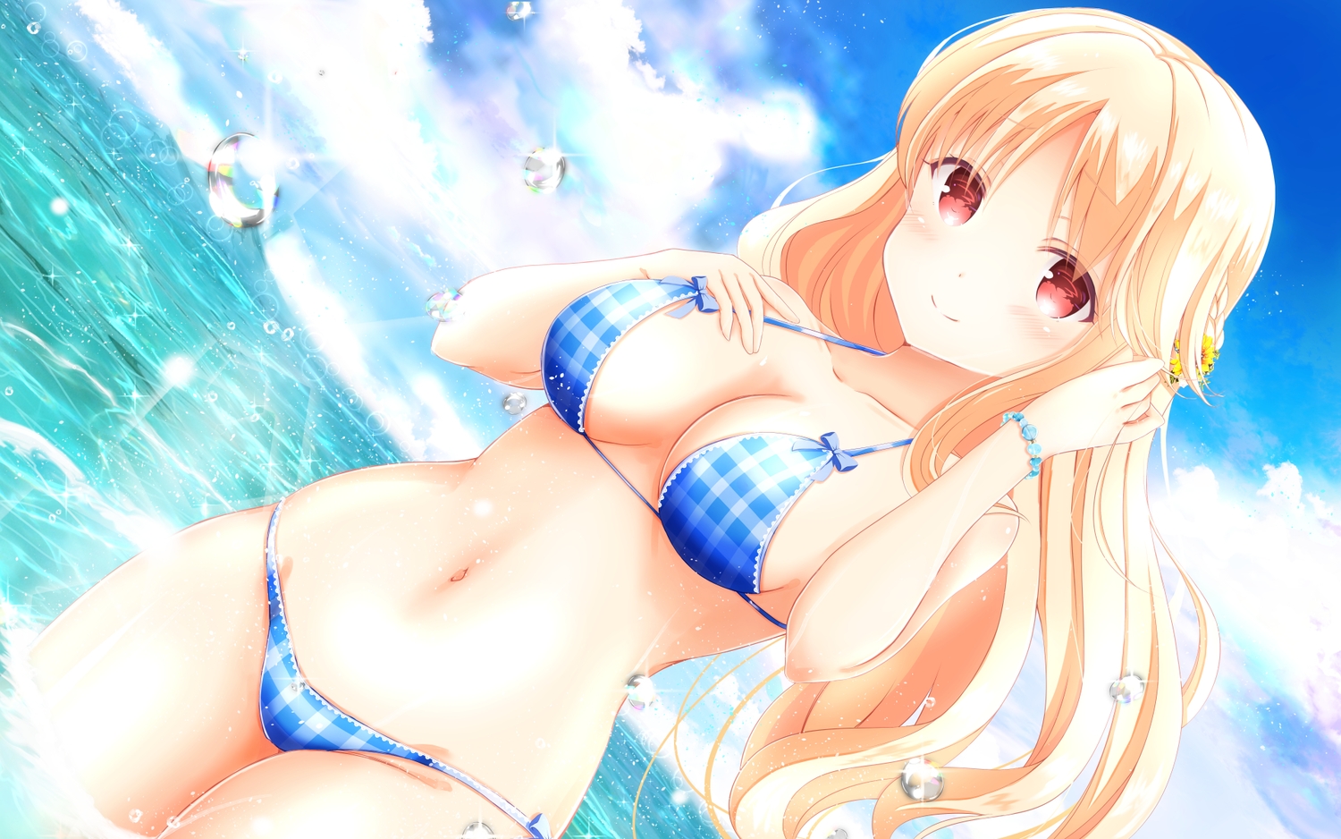 bikini, blonde_hair, breasts, cleavage, clouds, flowers, girlfriend_(kari), long_hair, masa_(mirage77), navel, red_eyes, sasahara_nonoka, sky, swimsuit, water, wristwear
