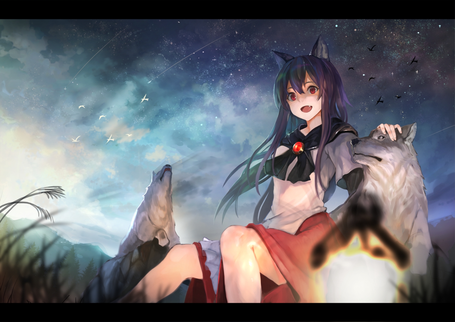 animal, animal_ears, bird, clouds, dress, fang, grass, imaizumi_kagerou
