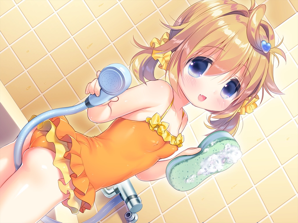 ass, blue_eyes, blush, brown_hair, chishima_mako, erect_nipples, fang, game_cg, loli, piyodera_mucha, short_hair, shower, skintight, soushisouai_lolita_no_seikatsu, swimsuit, twintails, yoru_no_hitsuji