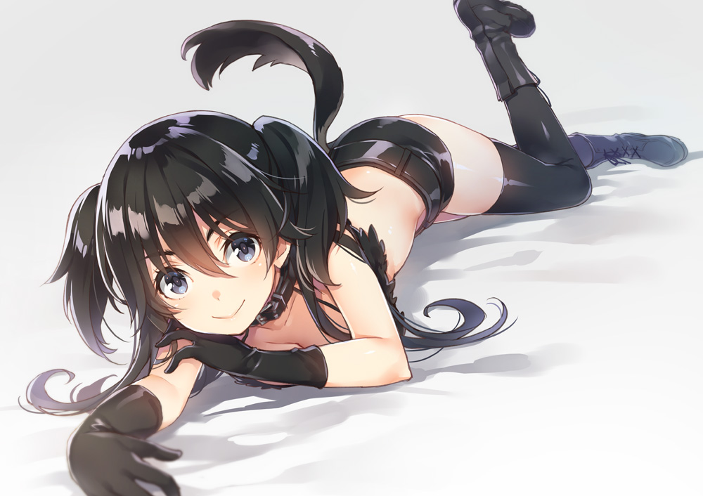 black_hair, blue_eyes, boots, collar, doggirl, gloves, jpeg_artifacts, long_hair, mmu, original, shorts, tail, thighhighs, twintails, white