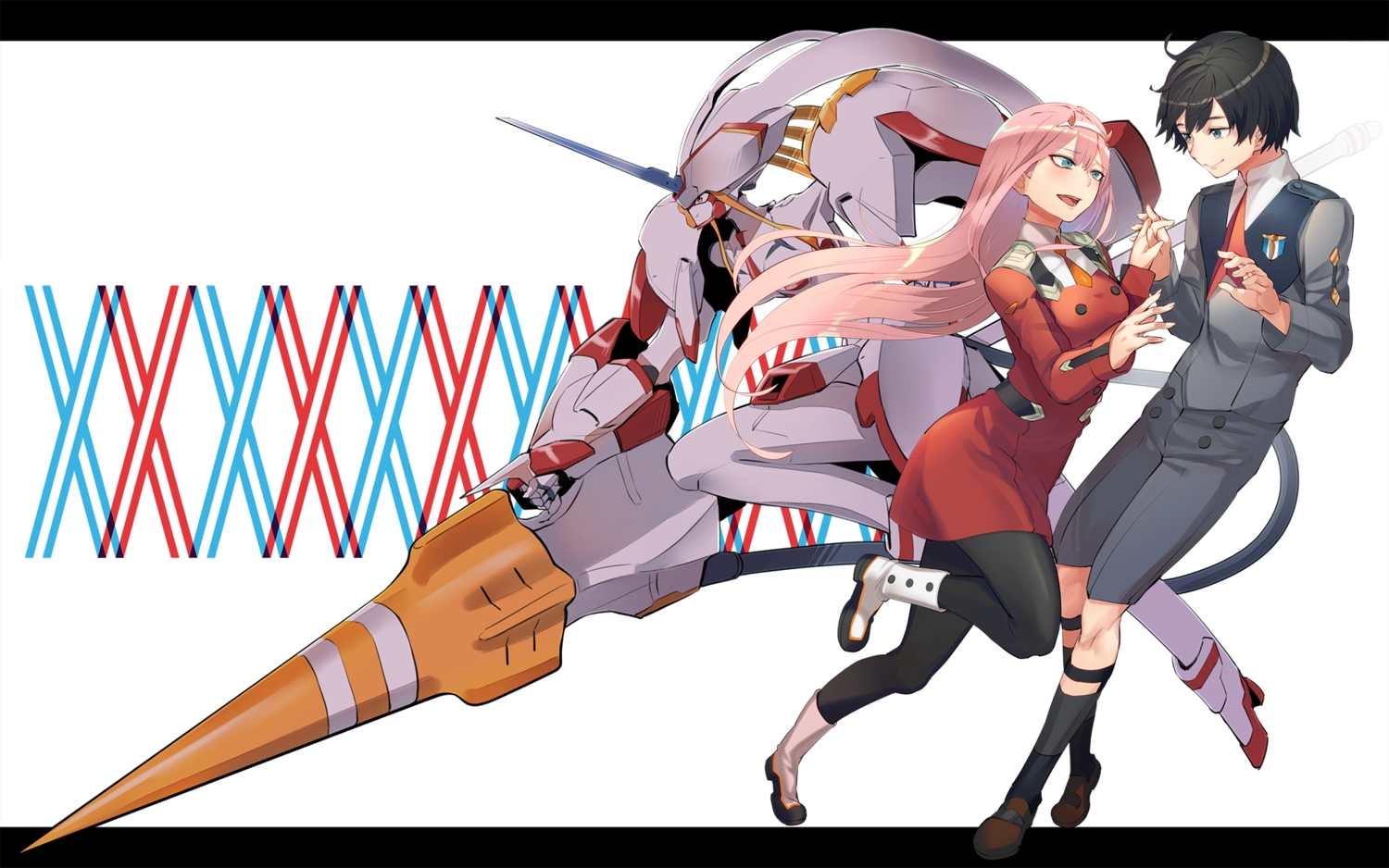 aqua_eyes, black_hair, darling_in_the_franxx, dress, headband, hiro_(darling_in_the_franxx), horns, long_hair, male, mecha, pantyhose, pink_hair, roten_(rotenburo), short_hair, shorts, uniform, zero_two