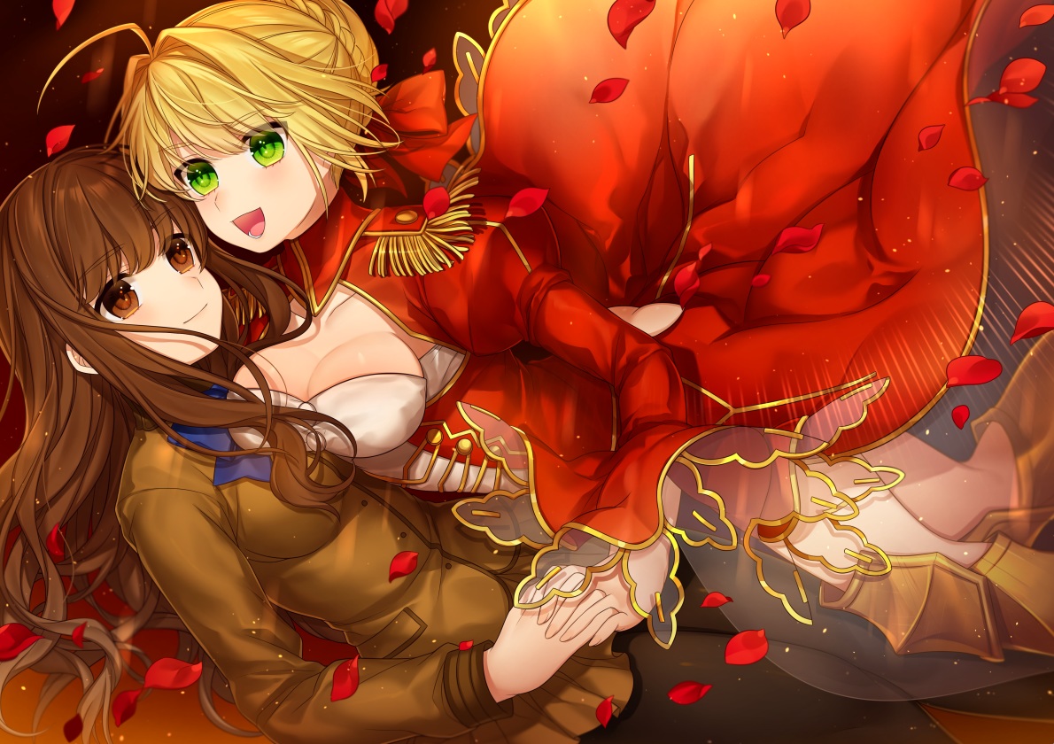 2girls, blonde_hair, boots, braids, breasts, brown_eyes, brown_hair, cleavage