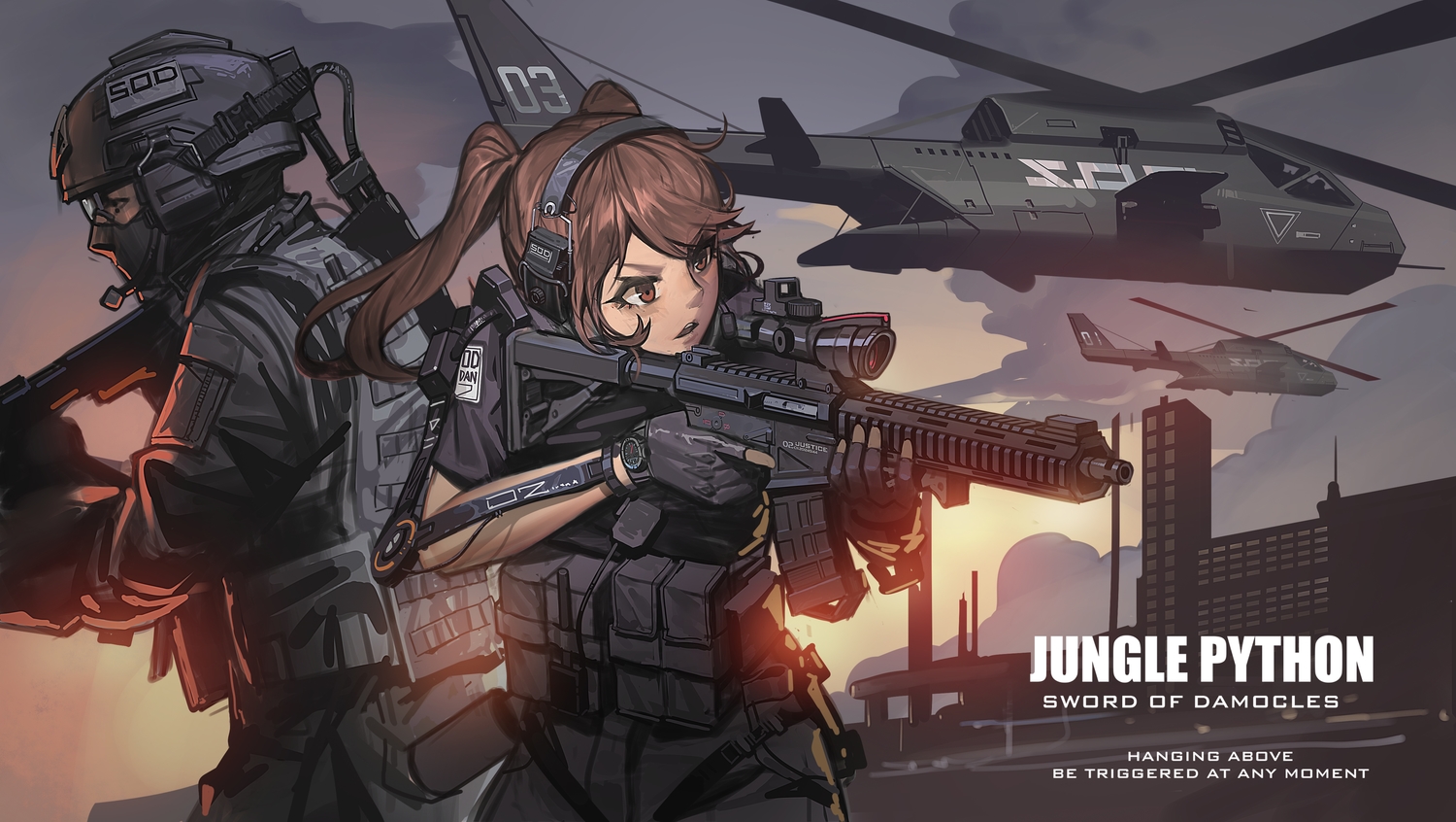 black_soldier, brown_eyes, brown_hair, combat_vehicle, gloves, gun, headphones, long_hair, male, military, original, twintails, uniform, weapon