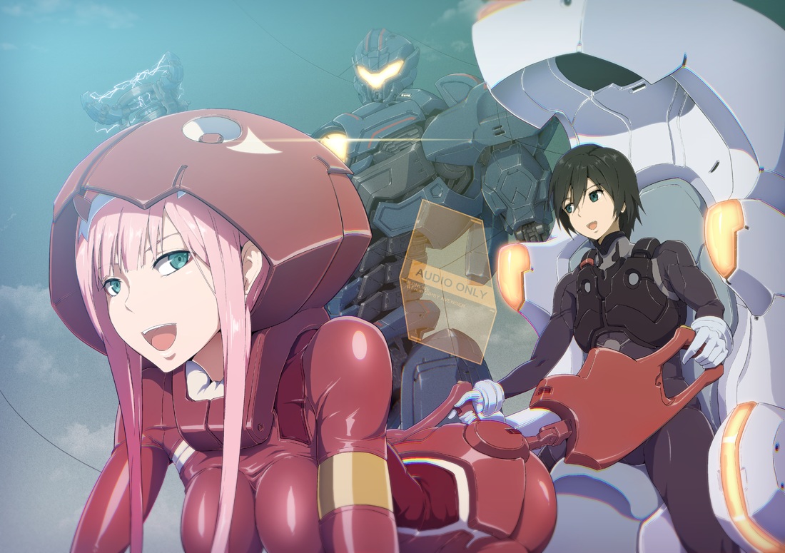 aliasing, black_hair, bodysuit, breasts, darling_in_the_franxx, gipsy_avenger, gloves, green_eyes, headband, hiro_(darling_in_the_franxx), horns, long_hair, male, mecha, nandz, pacific_rim, pink_hair, short_hair, skintight, zero_two
