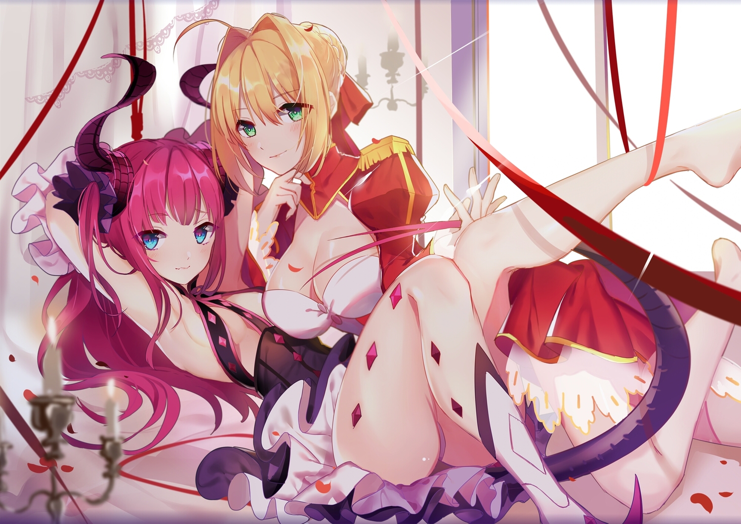 2girls, akira_(ying), aqua_eyes, blonde_hair, breasts, cleavage, demon, dress