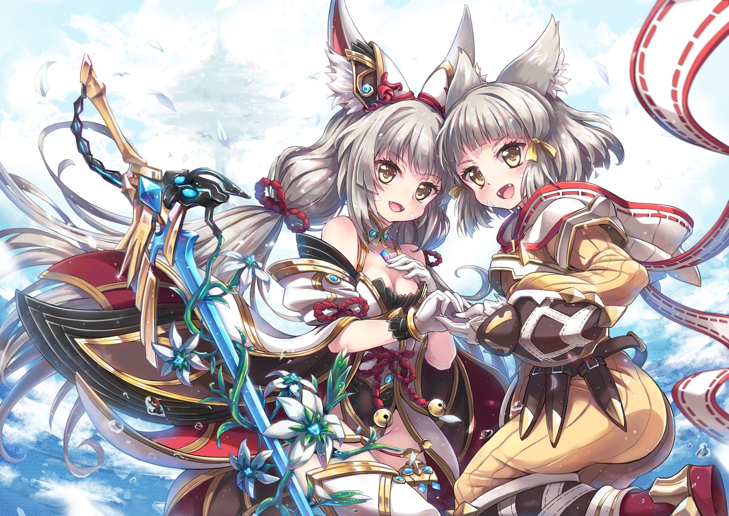 animal_ears, bell, breasts, catgirl, cleavage, fang, flowers, gloves
