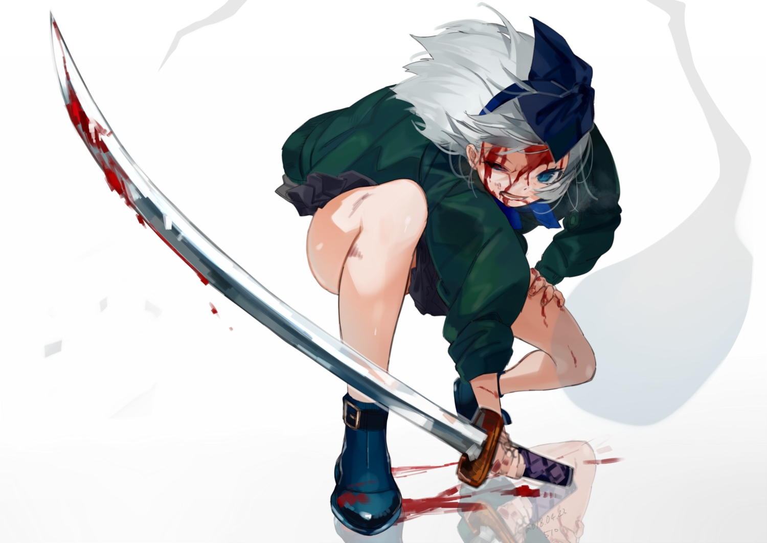 blood, boots, gotoh510, headband, katana, konpaku_youmu, myon, reflection