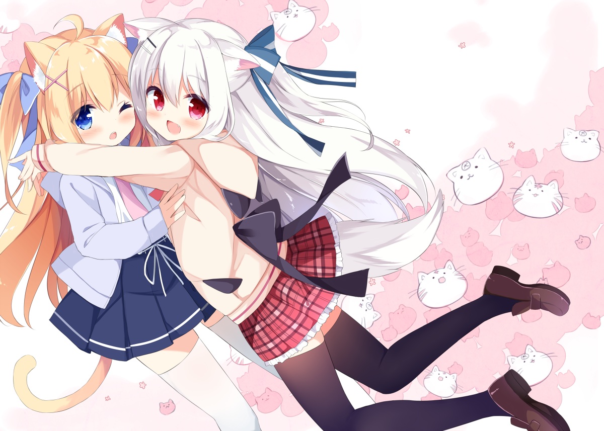 2girls, aliasing, animal_ears, blonde_hair, blue_eyes, blush, catgirl, fang, hug, mimura_zaja, original, red_eyes, school_uniform, skirt, tail, white_hair, wink