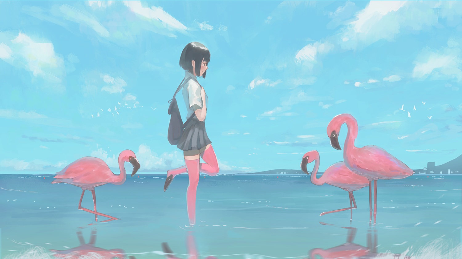 animal, bird, black_eyes, black_hair, clouds, original, reflection, reido_(reido_c)