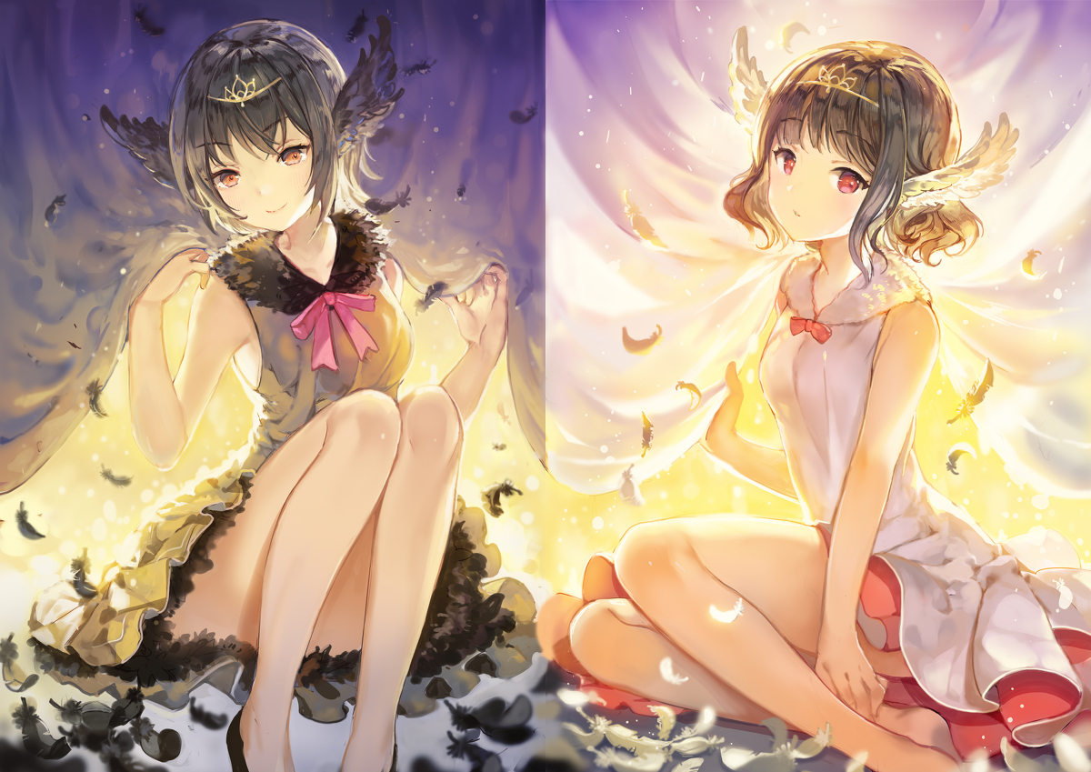 2girls, black_hair, dress, feathers, original, red_eyes, short_hair, sibyl