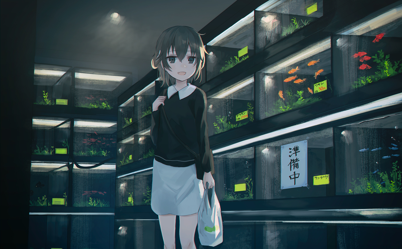 animal, brown_eyes, brown_hair, chihuri405, fang, fish, hatoba_tsugu, hatoba_tsugu_(channel), loli, short_hair, skirt