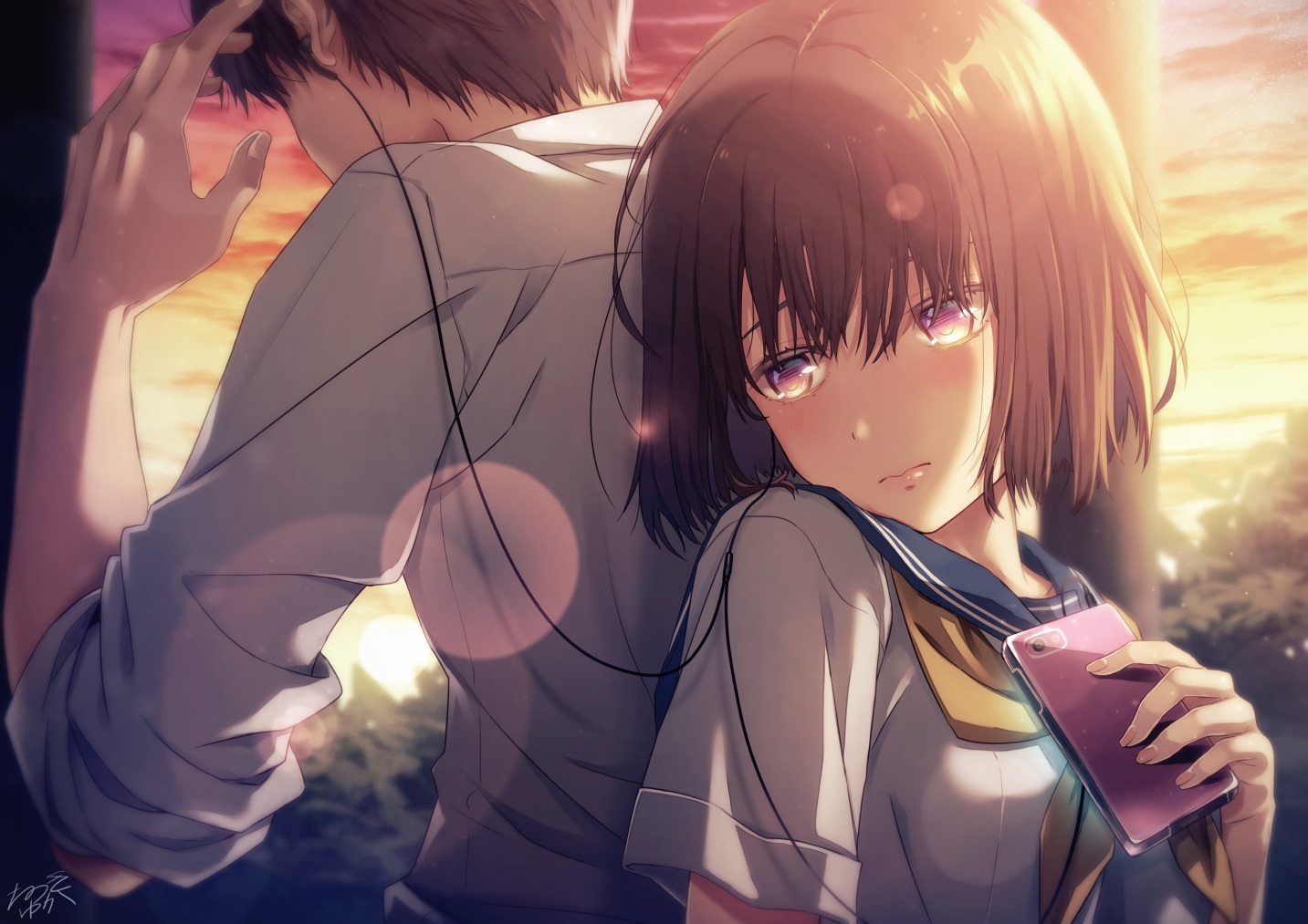 brown_hair, close, clouds, headphones, male, natsuki_yuka, original, phone, purple_eyes, school_uniform, short_hair, signed, sky, sunset