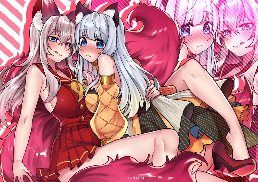 animal_ears, aqua_eyes, breasts, dress, foxgirl, gray_hair, hug, law_of_creation