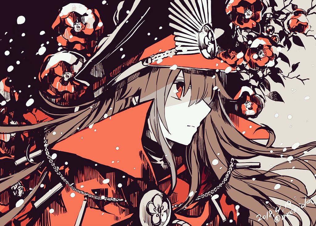 brown_hair, cape, close, fate/grand_order, fate_(series), flowers, hat, long_hair