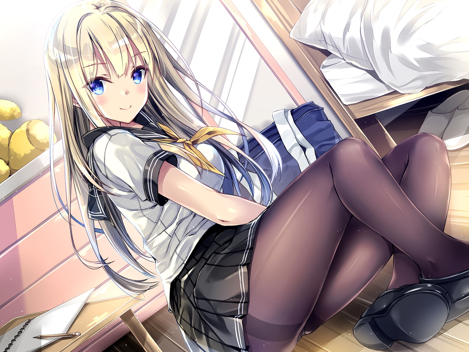 aqua_eyes, blonde_hair, kobayashi_chisato, long_hair, original, panties, pantyhose, school_uniform, skirt, underwear