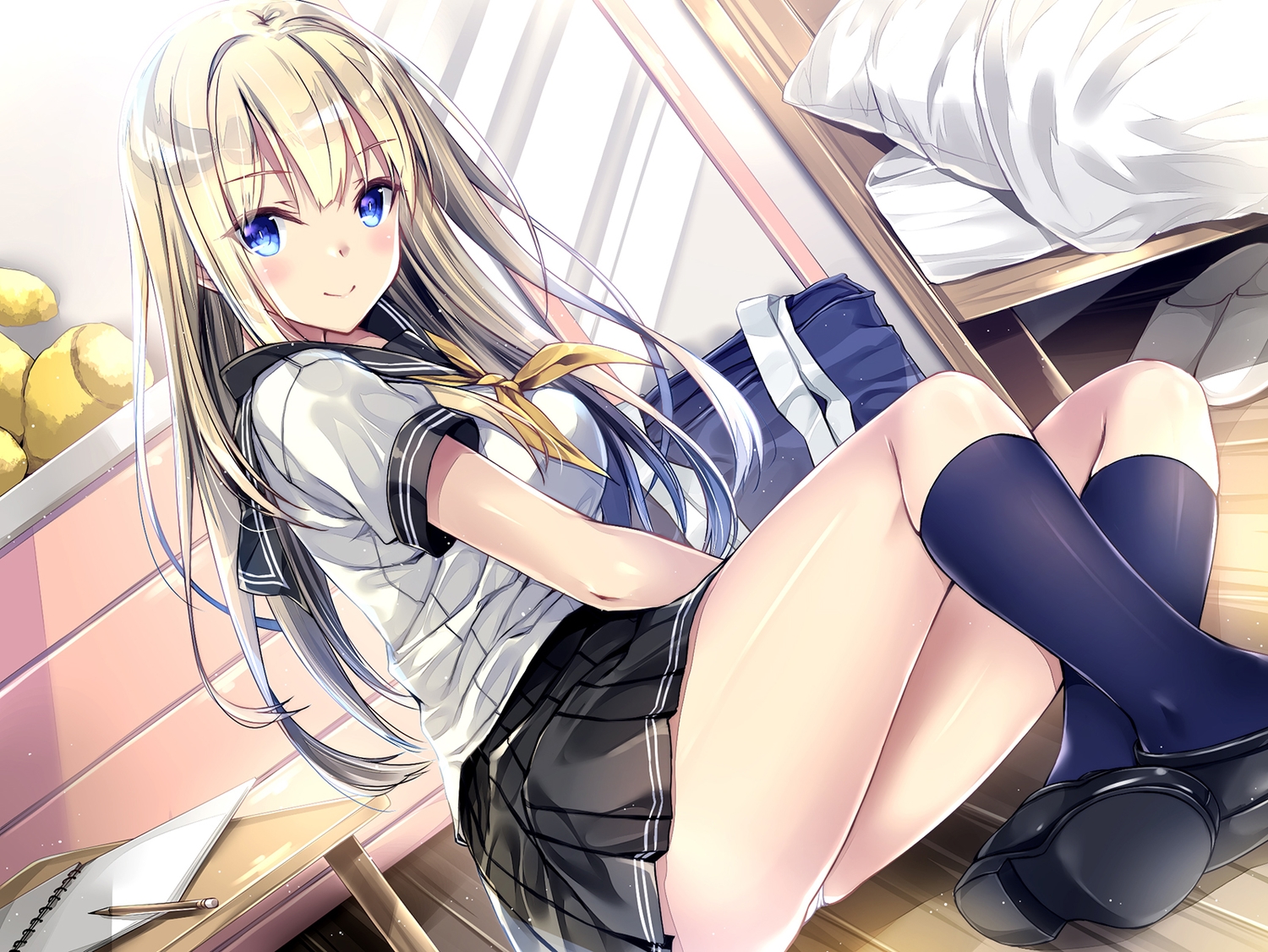 aqua_eyes, blonde_hair, kneehighs, kobayashi_chisato, long_hair, original, panties, school_uniform