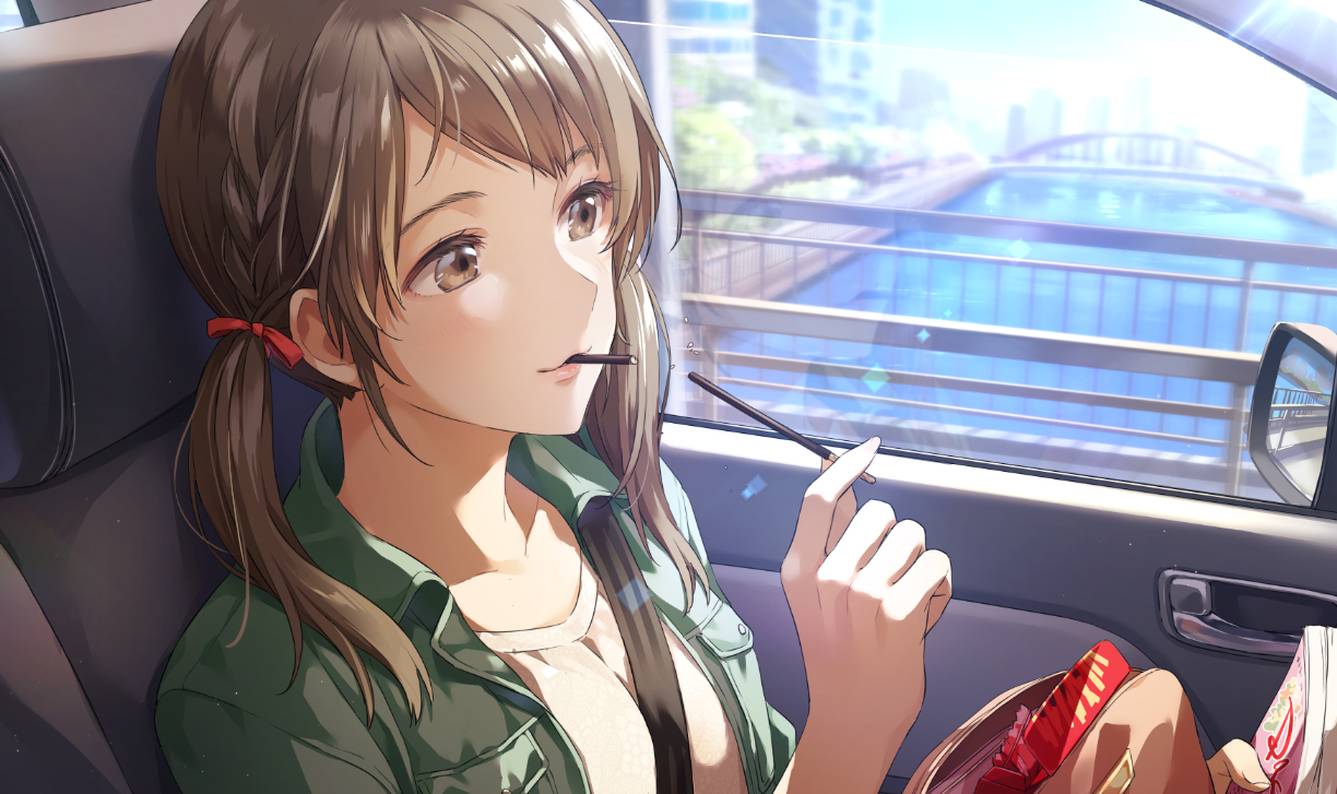 book, braids, brown_eyes, brown_hair, building, car, city, food
