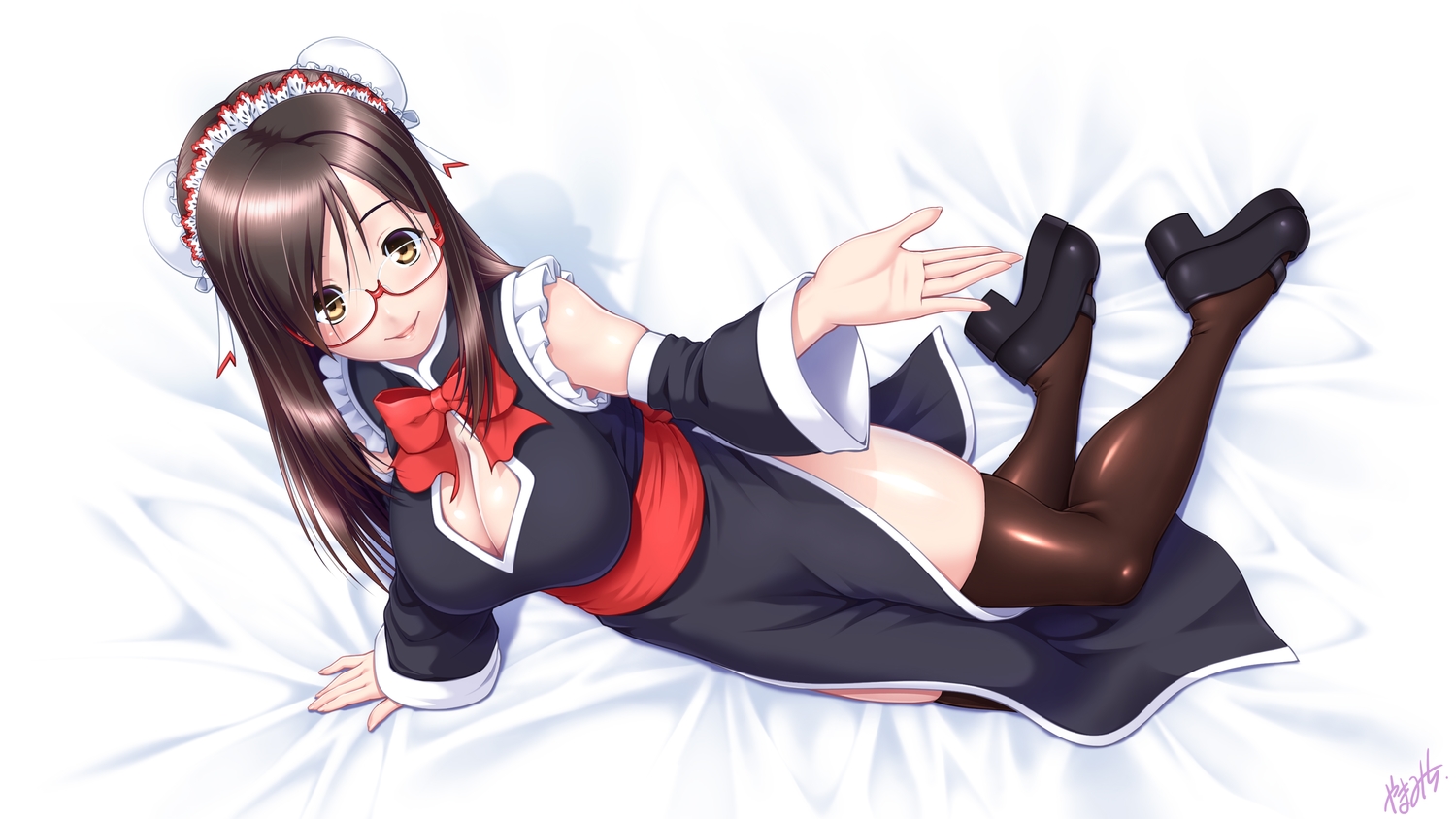 bow, breasts, brown_eyes, brown_hair, chinese_clothes, chinese_dress, cleavage, dress, glasses, long_hair, maid, original, thighhighs, white, yama-michi