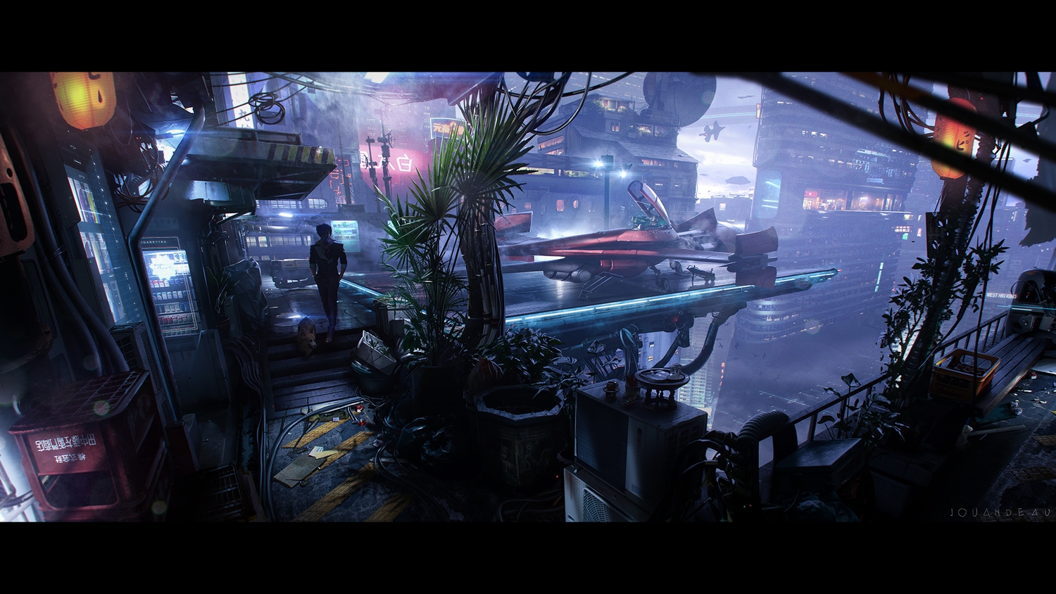 airship, all_male, animal, building, city, cowboy_bebop, dog, ein_(cowboy_bebop), male, romain_jouandeau, scenic, smoking, spike_spiegel, suit