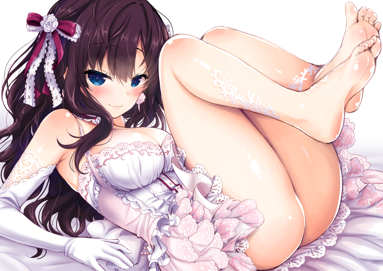 barefoot, blue_eyes, blush, breasts, brown_hair, cat_smile, cleavage, dress, elbow_gloves, gloves, ichinose_shiki, idolmaster, idolmaster_cinderella_girls, long_hair, ribbons, saki_chisuzu