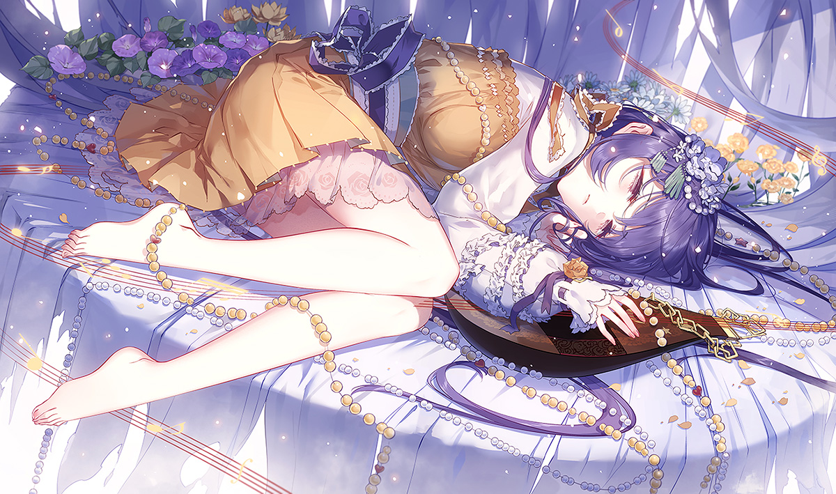 barefoot, bow, dress, flowers, instrument, jpeg_artifacts, kieta, long_hair