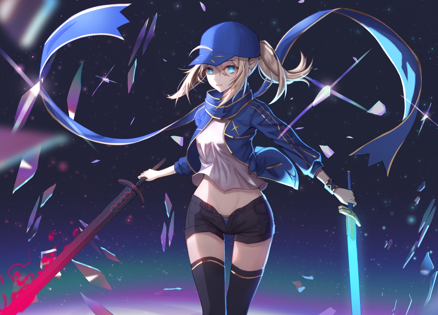 aqua_eyes, artoria_pendragon_(all), blonde_hair, fate/grand_order, fate_(series), hat, long_hair, mysterious_heroine_x, nebu_(cha_nyack), ponytail, scarf, shorts, sword, thighhighs, weapon, zettai_ryouiki