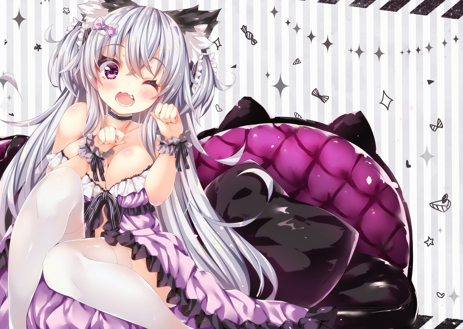 animal_ears, blush, breasts, catgirl, cat_smile, choker, cleavage, dress