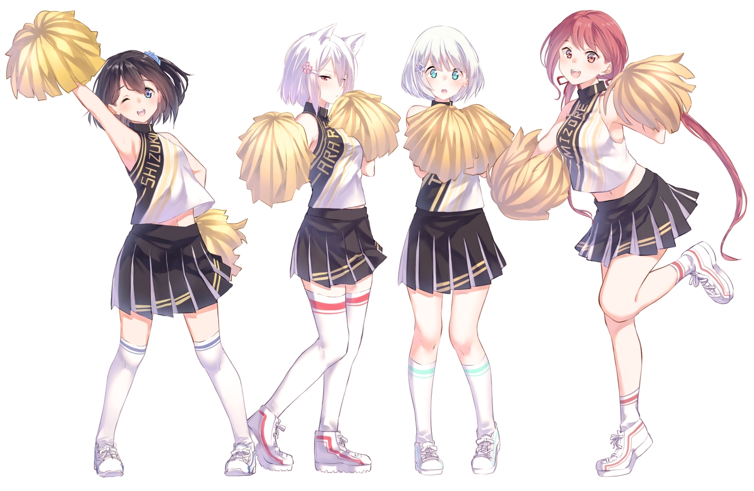 animal_ears, aqua_eyes, cheerleader, group, kneehighs, navel, original, ponytail