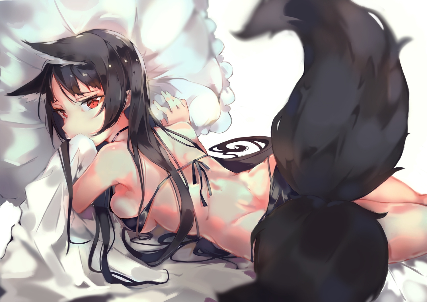 animal_ears, bed, bikini, black_hair, bokujuu, foxgirl, multiple_tails, original, red_eyes, ribbons, swimsuit, tail