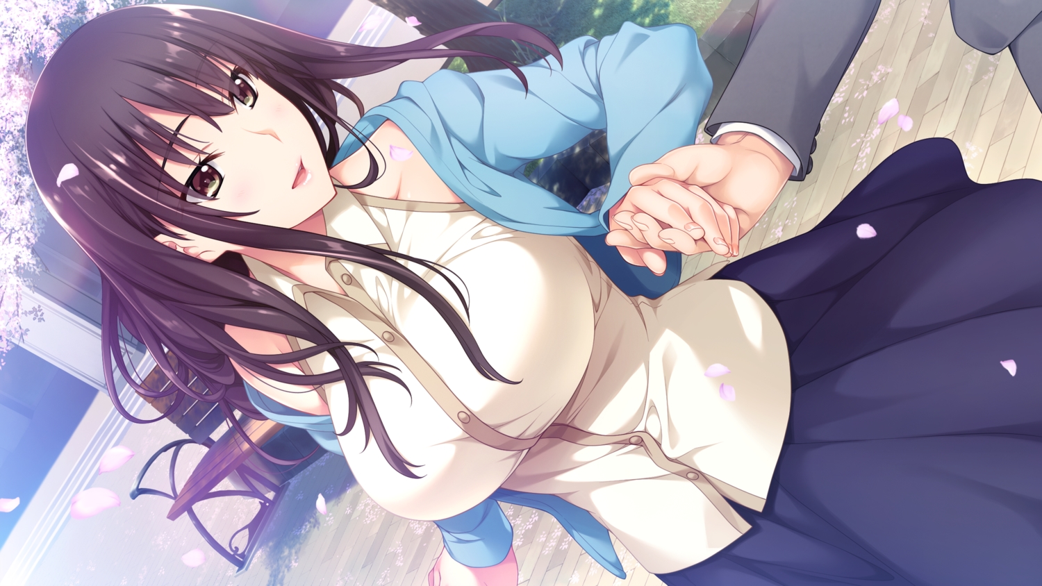 black_hair, blush, breasts, brown_eyes, cherry_blossoms, flowers, game_cg, hibiki_works
