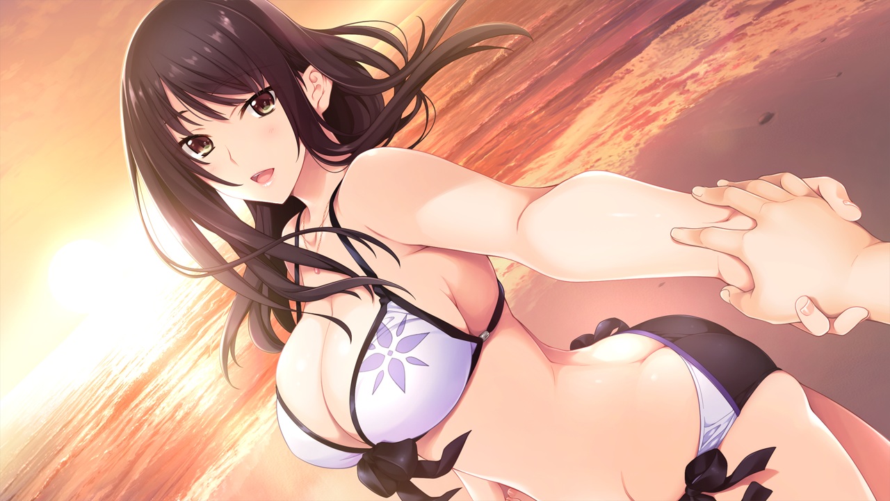 ass, beach, bikini, black_hair, breasts, brown_eyes, cleavage, clouds
