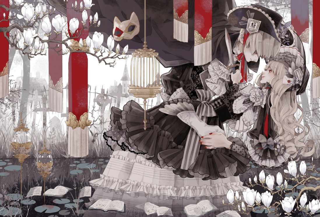 aliasing, blonde_hair, book, cage, dress, flowers, gloves, goth-loli, hamondo, hat, lolita_fashion, long_hair, male, original, polychromatic, red_eyes, sword, water, weapon