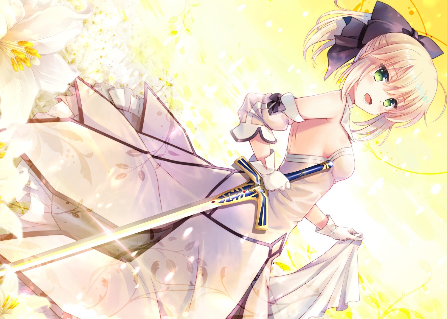 artoria_pendragon_(all), blonde_hair, bow, dress, fate_(series), fate/unlimited_codes, flowers, gloves, green_eyes, ikegami_akane, jpeg_artifacts, ponytail, saber, saber_lily, short_hair, sword, weapon