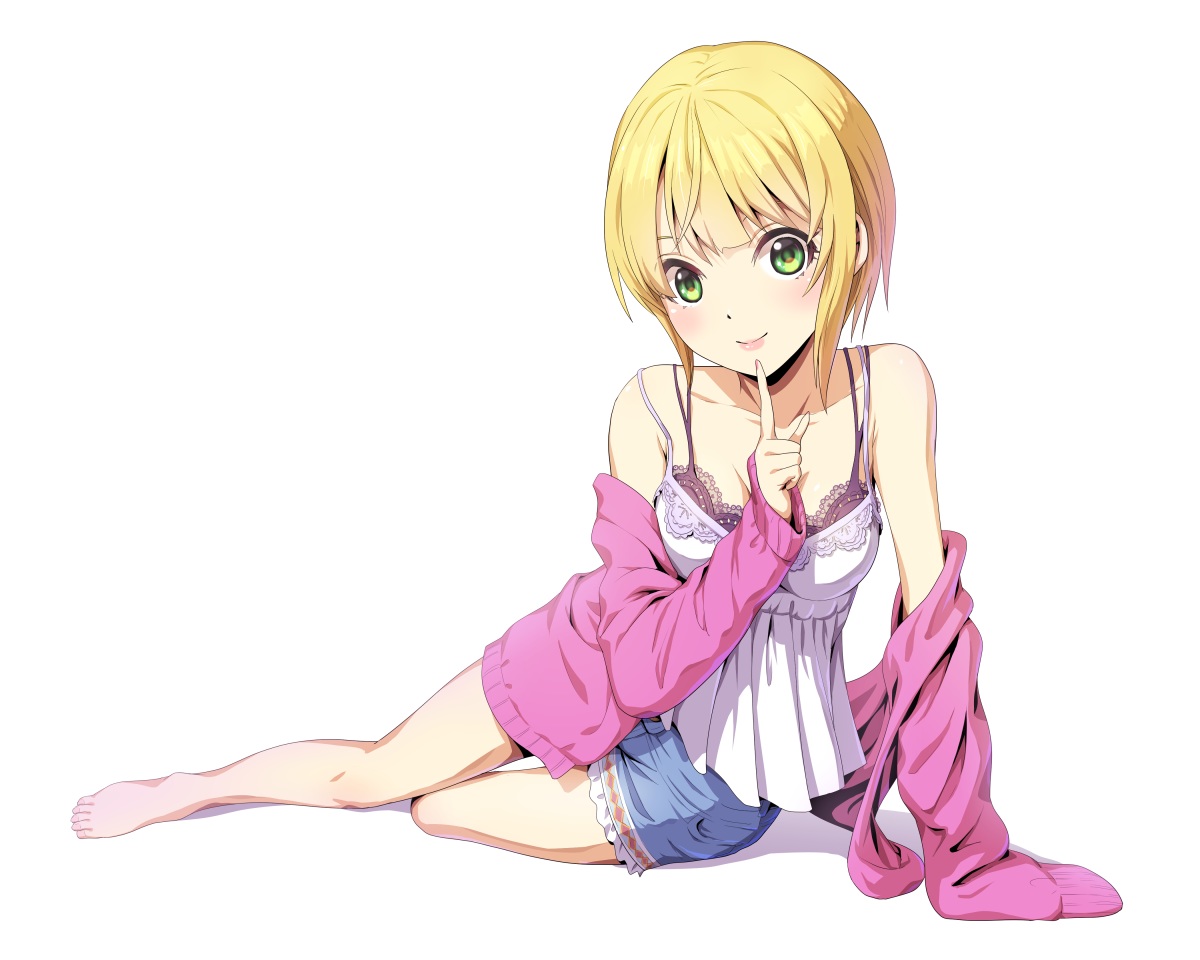 barefoot, blonde_hair, green_eyes, idolmaster, idolmaster_cinderella_girls, mashou_boy, miyamoto_frederica, short_hair, shorts, white