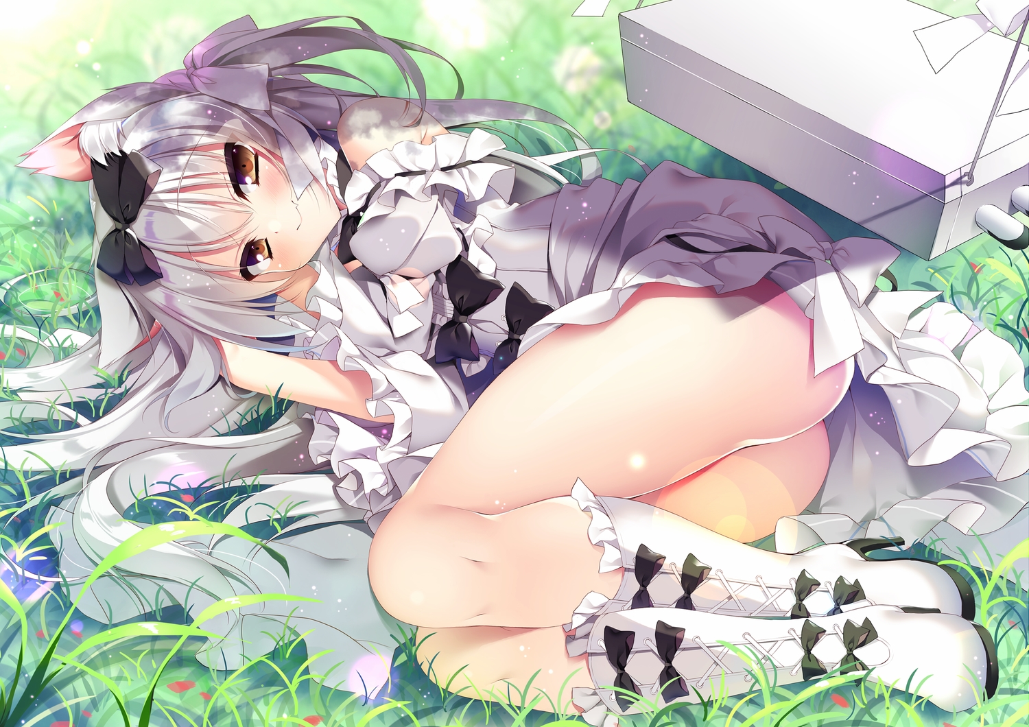 animal_ears, anthropomorphism, ass, azur_lane, blush, boots, bow, brown_eyes, catgirl, dress, fang, grass, green, long_hair, tagme_(artist), white_hair, yukikaze_(azur_lane)