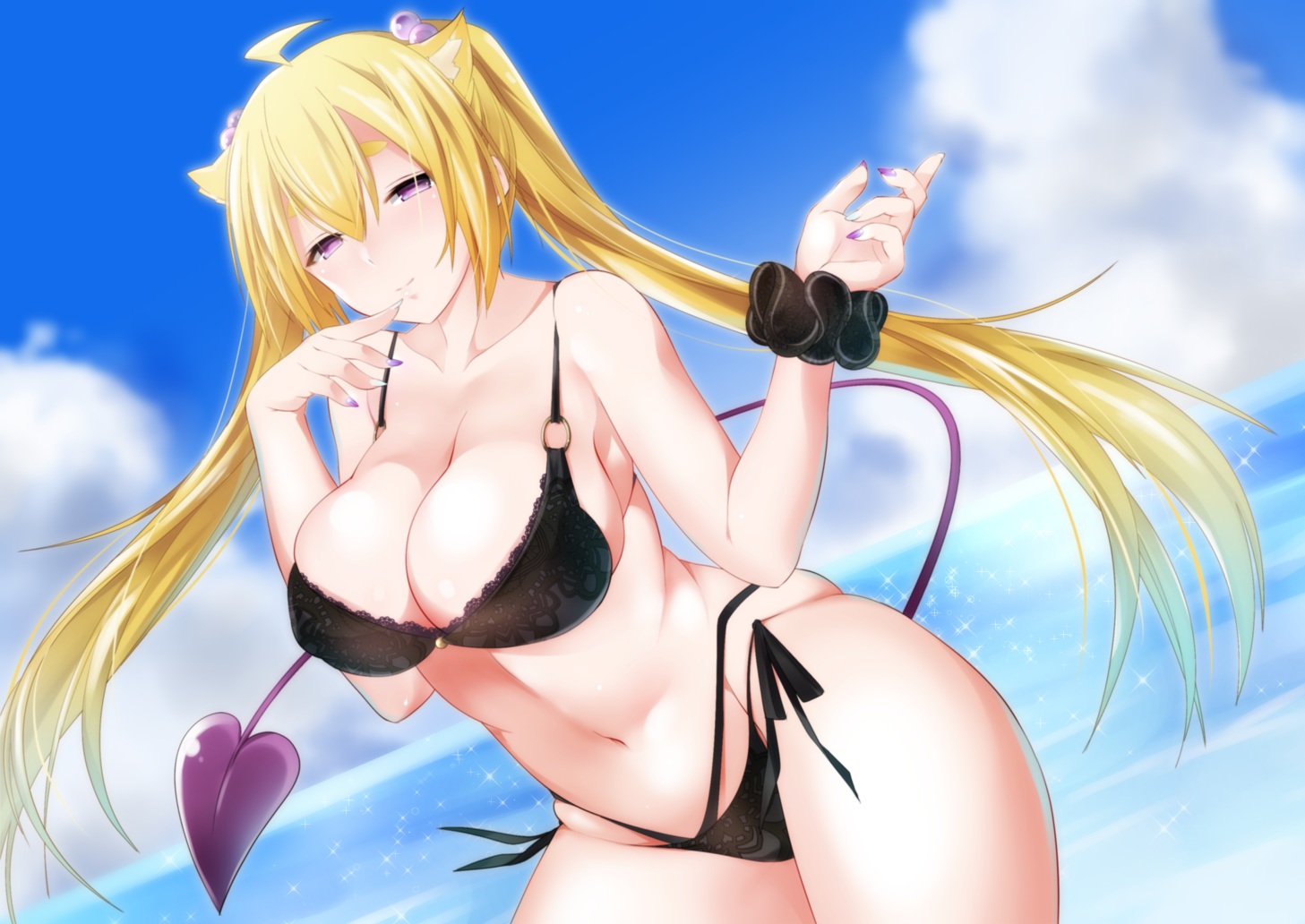 animal_ears, bikini, blonde_hair, breasts, cleavage, clouds, long_hair, navel, pink_eyes, ribbons, sky, swimsuit, tail, twintails, uzura_kazuhisa, water, wristwear