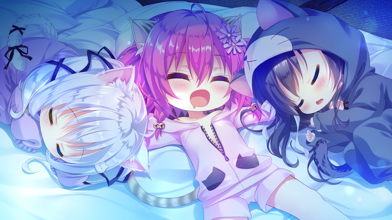 animal_ears, bed, bell, black_hair, braids, catgirl, chibi, flowers
