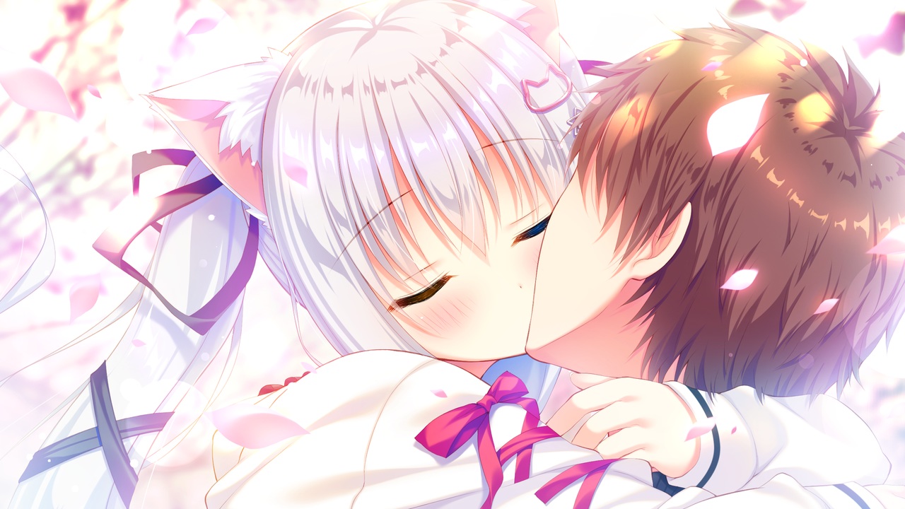 animal_ears, brown_hair, catgirl, cherry_blossoms, close, flowers, game_cg, hinata_haruta, kiss, koneko_neko_neko, long_hair, male, nekokawa_shirone, noda_shuha, short_hair, skyfish, white_hair
