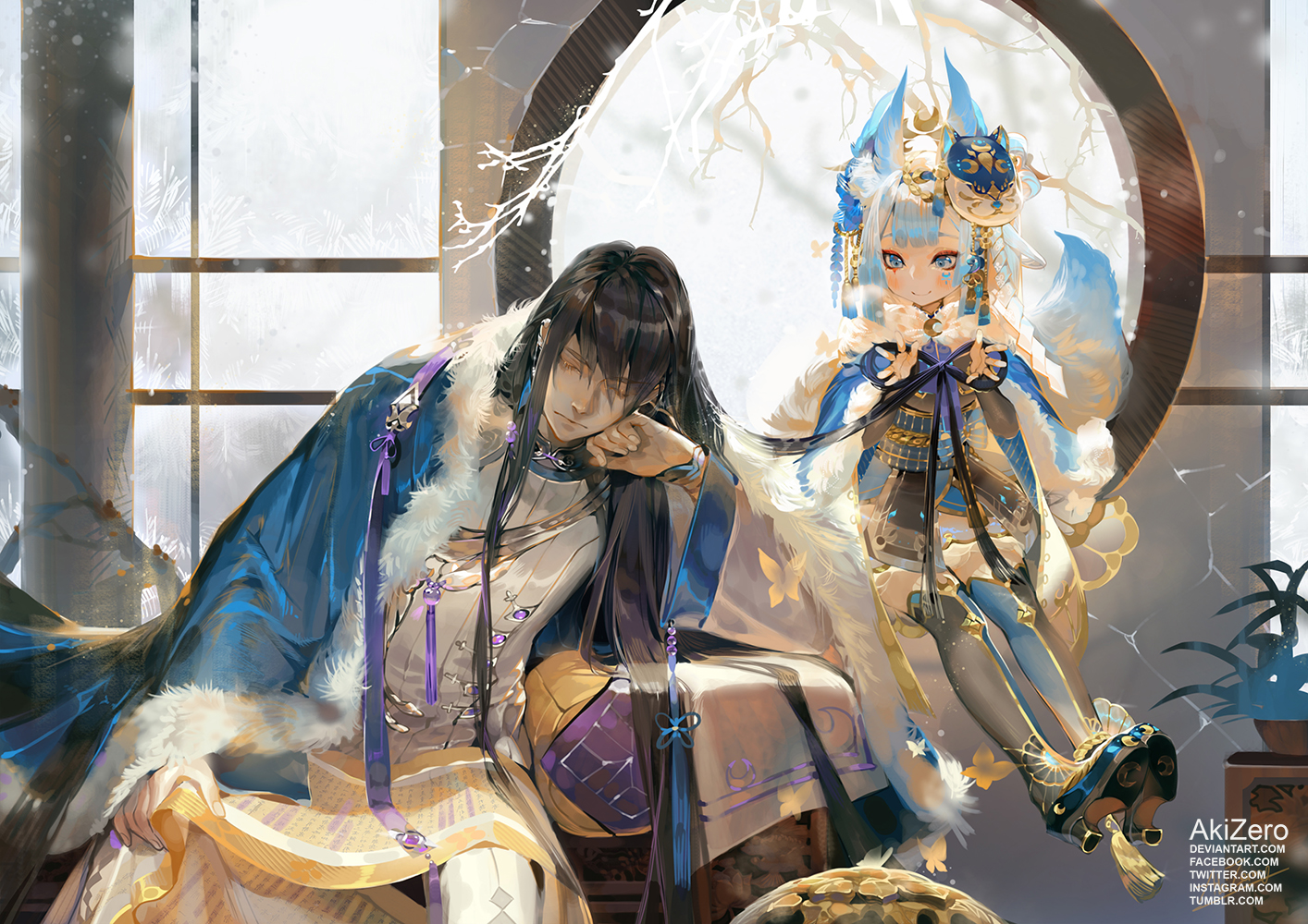 akizero1510, animal_ears, black_hair, blue_eyes, cape, foxgirl, japanese_clothes, loli