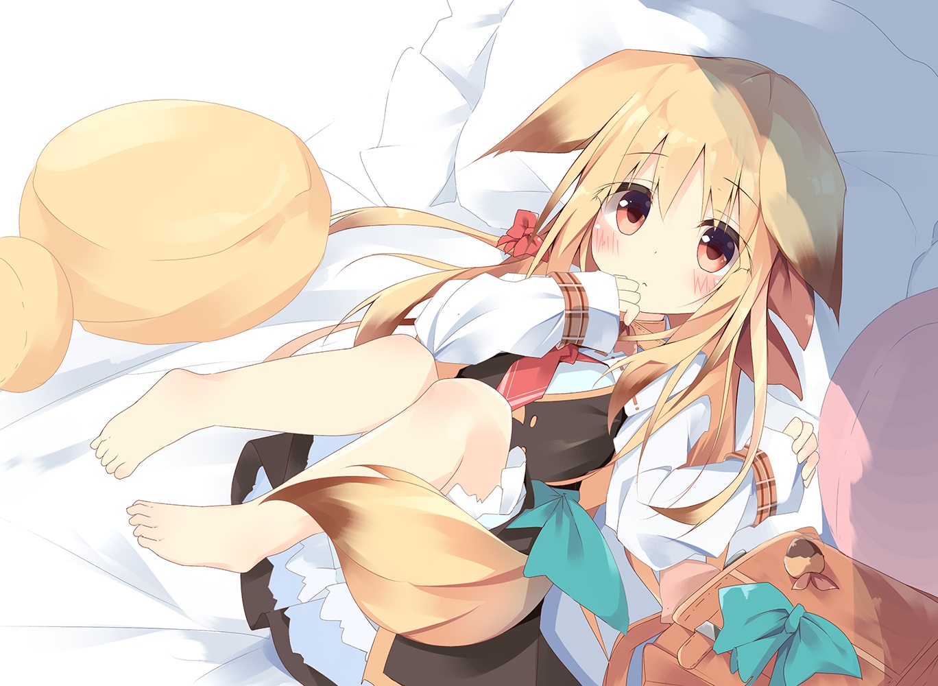 animal_ears, barefoot, bed, blonde_hair, brown_eyes, dress, foxgirl, kushida_you