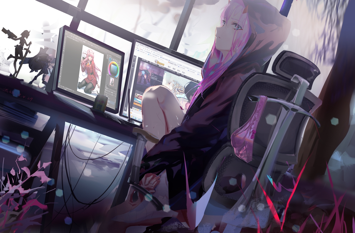 artoria_pendragon_(all), computer, darling_in_the_franxx, fate/grand_order, fate_(series), green_eyes, hood, horns, long_hair, mash_kyrielight, panties, pink_hair, rabbit_(tukenitian), saber, underwear, zero_two