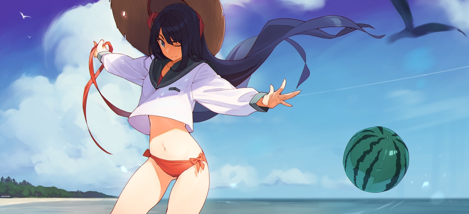 animal, ball, beach, bikini, bird, black_hair, blue_eyes, clouds, food, kamameshi_gougoumaru, long_hair, navel, original, sky, swimsuit, water, wink