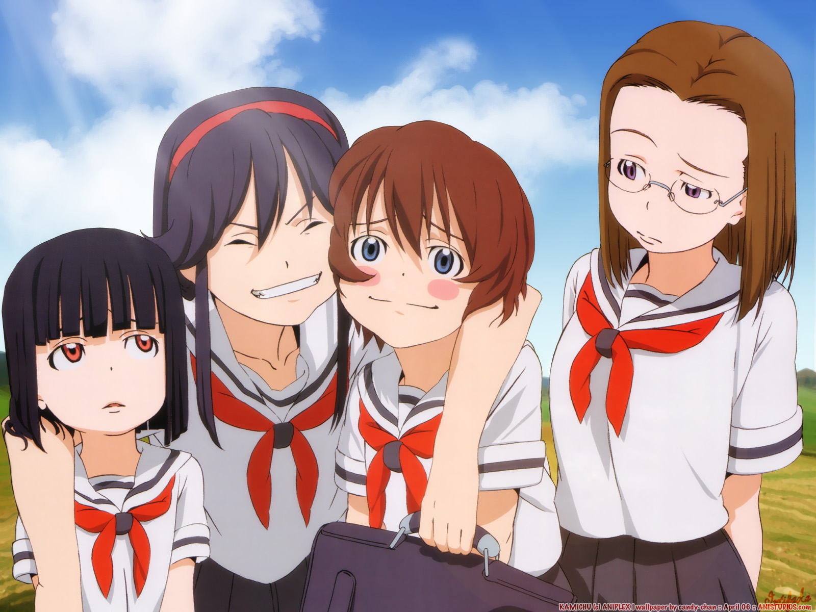 blush, glasses, hitotsubashi_yurie, kamichu, saegusa_matsuri, saegusa_miko, school_uniform, shijou_mitsue