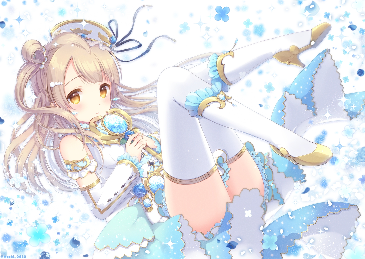 blush, brown_hair, hat, long_hair, love_live!_school_idol_project, minami_kotori, orange_eyes, ribbons, sakuramochi, thighhighs, wand, watermark