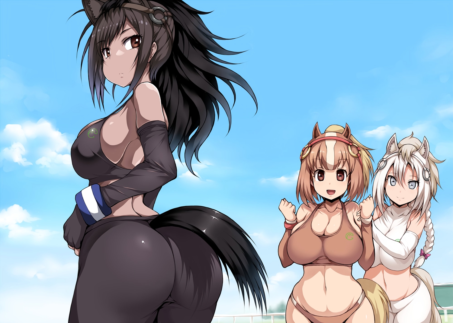 animal_ears, anthropomorphism, ass, black_hair, braids, breasts, brown_eyes, brown_hair, brown_thoroughbred_(kemono_friends), chestnut_thoroughbred_(kemono_friends), cleavage, clouds, dark_skin, elbow_gloves, gloves, gray_eyes, japan_racing_association, kemono_friends, navel, ponytail, sky, tail, tsukasawa_takamatsu, white_hair, white_thoroughbred_(kemono_friends), wristwear