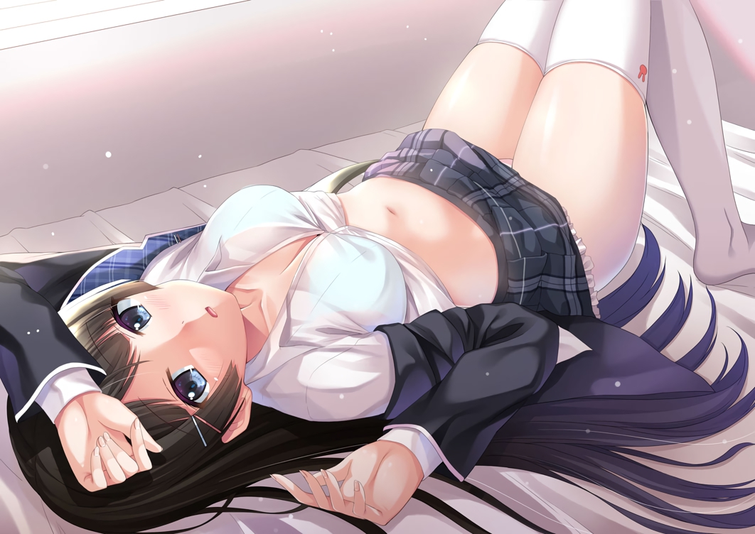 aliasing, bed, black_hair, blue_eyes, blush, breasts, cleavage, long_hair, navel, nijisanji, no_bra, panties, skirt, thighhighs, tsukino_mito, underwear, yoruda