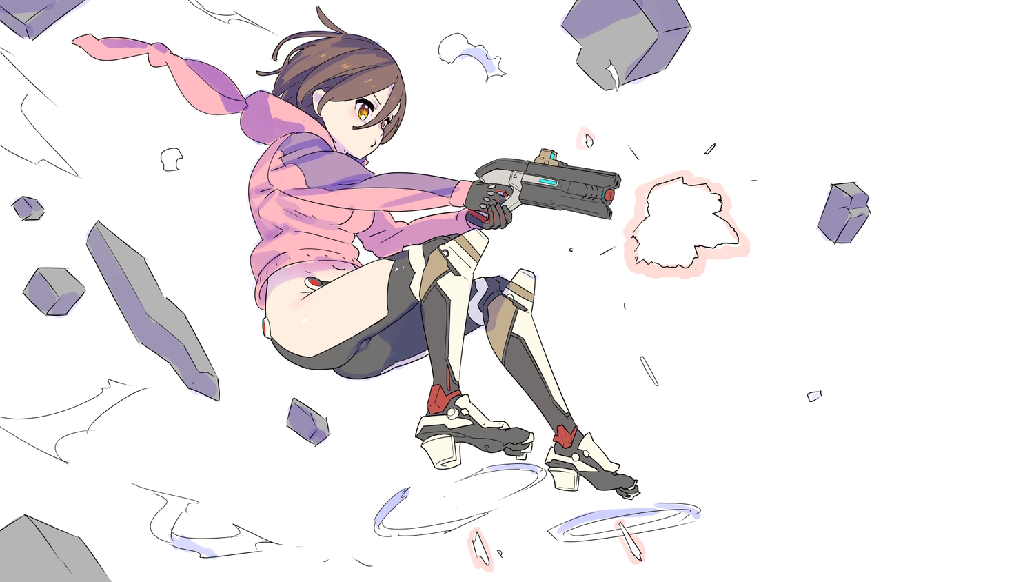 aliasing, ass, bodysuit, brown_hair, gloves, gun, hololive, hood