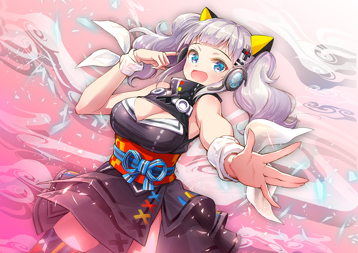 aqua_eyes, bow, breasts, cleavage, headphones, kaguya_luna, skirt, suishougensou