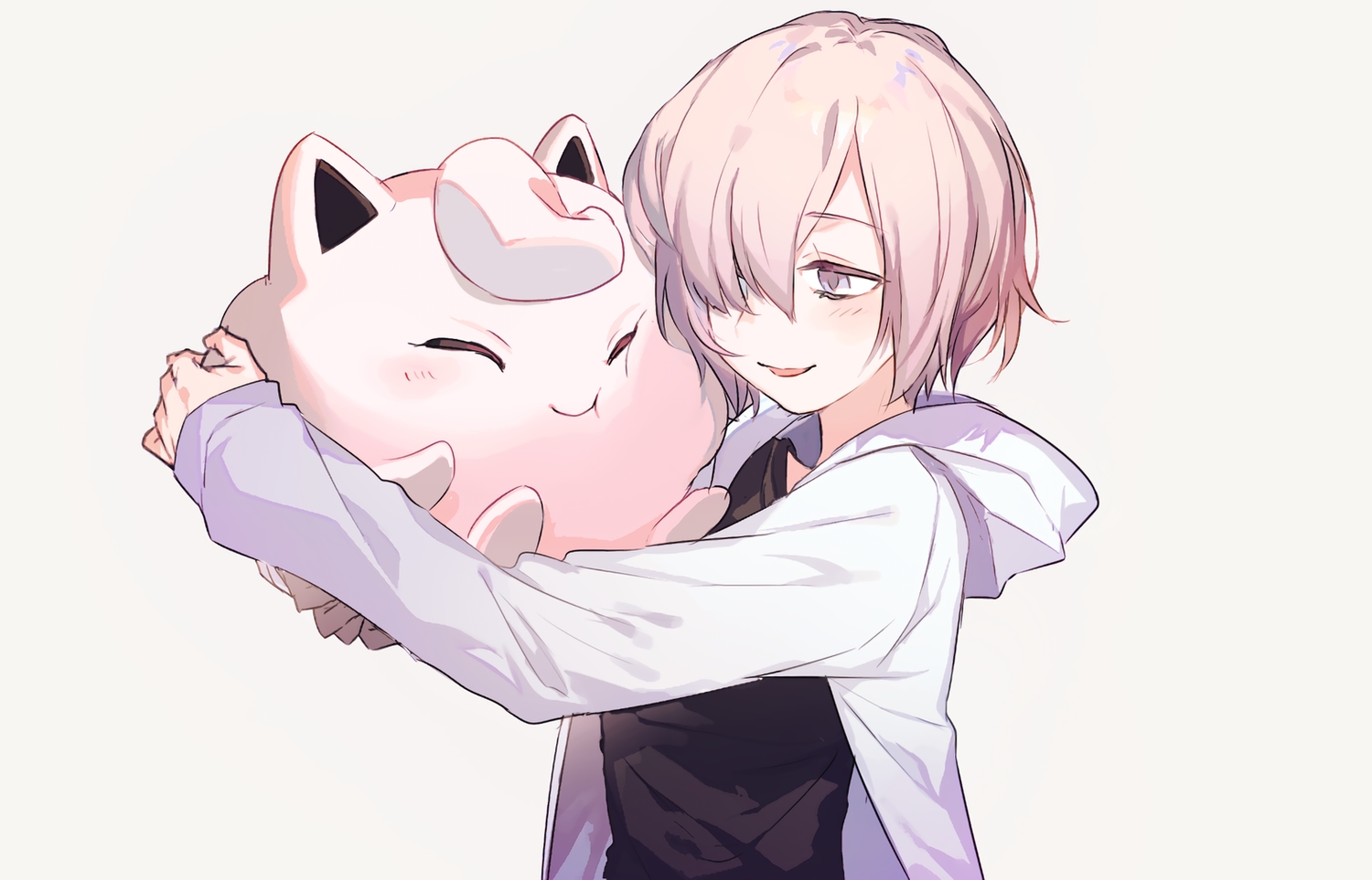 crossover, fate/grand_order, fate_(series), hood, hug, jigglypuff, mash_kyrielight, pink_eyes, pink_hair, pokemon, popokuri, short_hair, waifu2x, white
