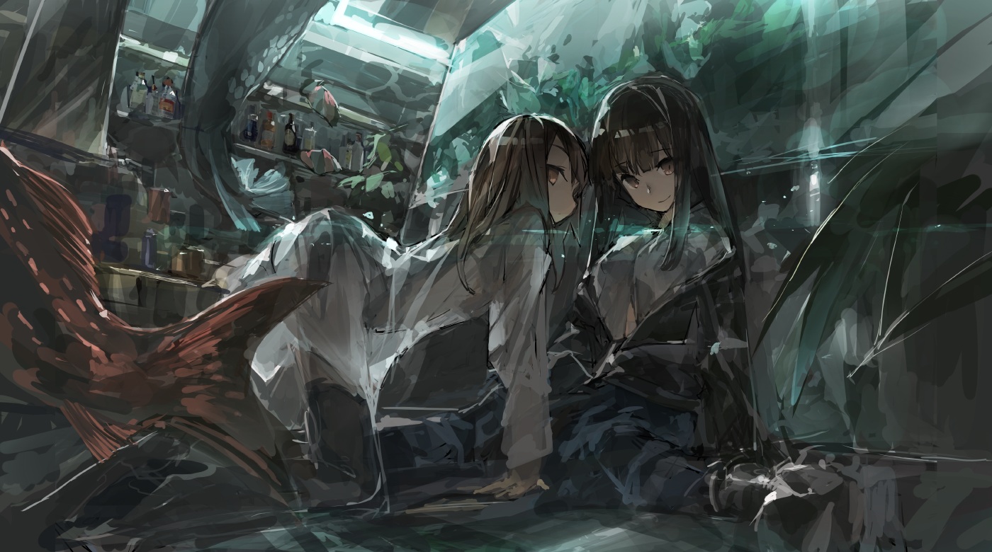 2girls, animal, brown_eyes, brown_hair, fish, long_hair, original, ph., sketch